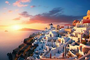 oia Dorf auf Santorini Insel beim Sonnenuntergang, Griechenland, oia beim Sonnenuntergang im Santorin, Griechenland, ai generiert foto