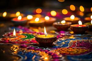 indisch Festival Diwali, Diya Öl Lampen zündete auf bunt Rangoli. Hindu traditionell, Öl Lampen zündete auf bunt Rangoli während Diwali Feier, ai generiert foto