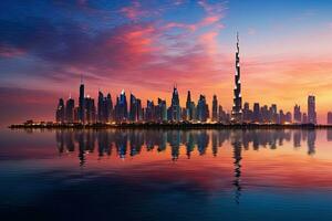 Dubai Horizont im Dubai, Vereinigte Arabische Emirate Dubai war das am schnellsten Entwicklung Stadt im das Welt zwischen 2002 und 2008, Dubai Horizont im das Abend, ai generiert foto