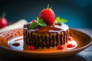 ein Schokolade Kuchen mit Erdbeeren auf oben. KI-generiert foto