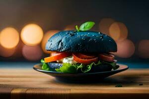 ein schwarz Burger mit Gemüse und Tomaten auf ein Platte. KI-generiert foto