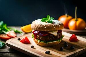 ein Hamburger mit Erdbeeren und Käse auf ein hölzern Schneiden Tafel. KI-generiert foto