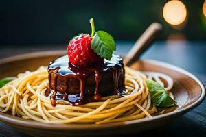 Spaghetti mit ein Erdbeere auf oben. KI-generiert foto