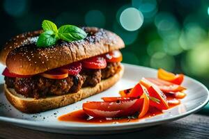 ein Frikadelle Sandwich mit Tomate Soße und Basilikum auf ein Platte. KI-generiert foto