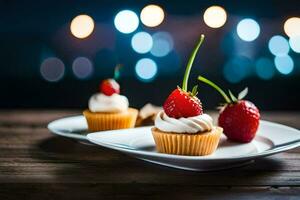 zwei Cupcakes mit Erdbeeren auf ein Platte. KI-generiert foto