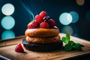 ein Krapfen mit Beeren und Minze auf oben. KI-generiert foto