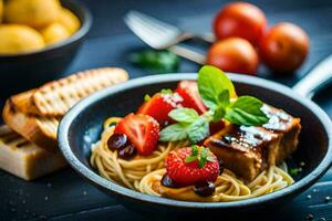 ein Schüssel von Spaghetti mit Erdbeeren und Tomaten. KI-generiert foto