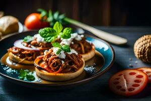 drei klein Pizza mit Fleisch und Gemüse auf ein Platte. KI-generiert foto