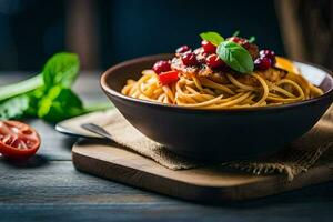 Spaghetti mit Tomate Soße und Basilikum Blätter im ein Schüssel. KI-generiert foto