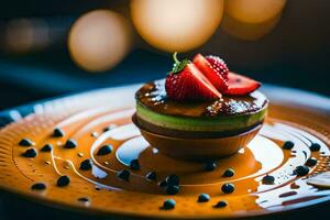 ein Dessert mit Erdbeeren und Schokolade auf oben. KI-generiert foto