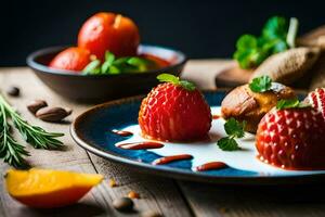 Erdbeeren und Sahne auf ein Teller mit ein hölzern Hintergrund. KI-generiert foto