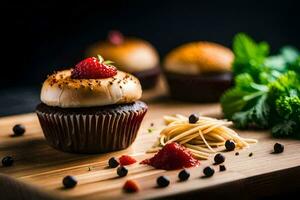 Cupcakes mit Erdbeeren und Kräuter auf ein Schneiden Tafel. KI-generiert foto