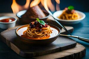 Spaghetti mit Tomate Soße und Basilikum Blätter im ein Schüssel. KI-generiert foto