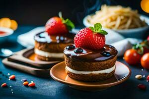 zwei Mini Kuchen mit Erdbeeren und Schokolade auf oben. KI-generiert foto