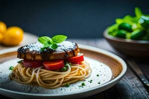 ein Teller von Spaghetti mit Fleisch und Tomaten. KI-generiert foto