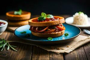 ein Sandwich mit Tomate Soße und Gemüse auf ein Blau Platte. KI-generiert foto
