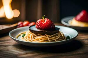 ein Teller von Spaghetti mit ein Erdbeere auf oben. KI-generiert foto