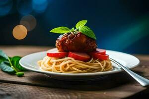 Spaghetti mit Fleischklößchen und Tomaten auf ein Platte. KI-generiert foto