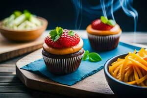 zwei Cupcakes mit Erdbeeren und Möhren auf ein hölzern Tisch. KI-generiert foto