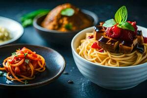 ein Schüssel von Spaghetti mit Fleisch, Gemüse und ein Garnierung. KI-generiert foto