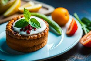 ein Gebäck mit Sahne und Granatapfel auf ein Platte. KI-generiert foto