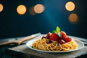 Spaghetti mit Tomate Soße und Erdbeeren auf ein Platte. KI-generiert foto