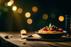 ein Teller von Pasta mit Beeren und ein Glas von Wein auf ein hölzern Tisch. KI-generiert foto