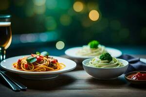 Spaghetti und Fleischklößchen im ein Weiß Schüssel auf ein hölzern Tisch. KI-generiert foto