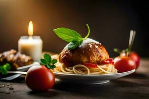 Spaghetti mit Fleischklößchen und Tomaten auf ein Platte. KI-generiert foto