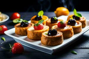 klein Kuchen mit Beeren und Erdbeeren auf ein Weiß Platte. KI-generiert foto