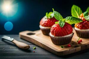 drei Cupcakes mit Erdbeeren auf ein hölzern Schneiden Tafel. KI-generiert foto