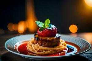 ein Teller mit Spaghetti und ein Erdbeere auf Es. KI-generiert foto