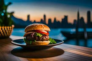 ein Hamburger auf ein Teller mit ein Stadt Horizont im das Hintergrund. KI-generiert foto