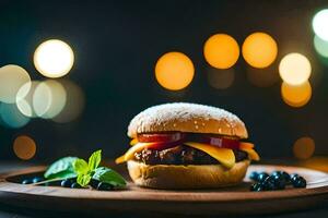 ein Hamburger mit Käse, Grüner Salat und Blaubeeren auf ein hölzern Platte. KI-generiert foto