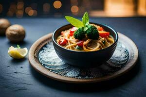 ein Schüssel von Pasta mit Gemüse und ein Zitrone auf ein schwarz Platte. KI-generiert foto