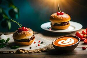 zwei Mini Burger mit Tomate Soße und Kirsche auf oben. KI-generiert foto