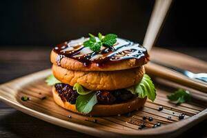 ein Hamburger mit Grill Soße und Grüner Salat auf ein hölzern Platte. KI-generiert foto