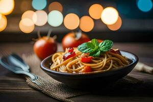 Spaghetti mit Tomaten und Basilikum auf ein hölzern Tisch. KI-generiert foto