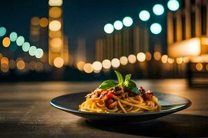 ein Teller von Spaghetti mit Tomate Soße und Basilikum Blätter auf ein hölzern Tabelle im ein Restaurant. KI-generiert foto