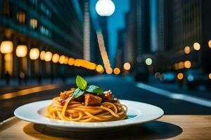 Spaghetti mit Fleisch und Basilikum auf ein Platte. KI-generiert foto