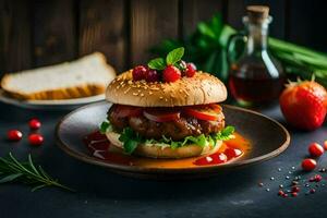 ein Hamburger mit Beeren und Soße auf ein Platte. KI-generiert foto