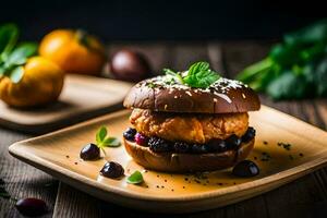 ein Hamburger mit Blaubeeren und ein Scheibe von Käse. KI-generiert foto