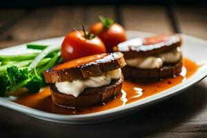 zwei Sandwiches mit Käse und Tomate Soße auf ein Weiß Platte. KI-generiert foto