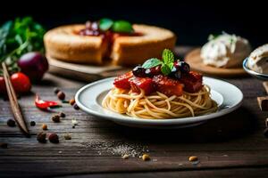 Spaghetti mit Tomate Soße und Käse auf ein Platte. KI-generiert foto