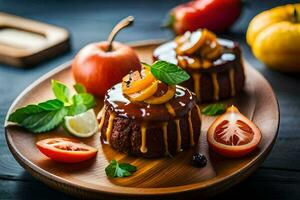 zwei Kuchen mit Äpfel und Tomaten auf ein hölzern Platte. KI-generiert foto