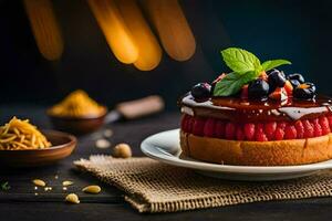 ein Kuchen mit Beeren und Nüsse auf ein Platte. KI-generiert foto