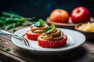 zwei Scheiben von Apfel auf ein Teller mit ein Gabel. KI-generiert foto