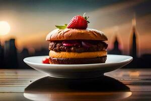 ein Hamburger mit Erdbeeren auf oben von Es. KI-generiert foto