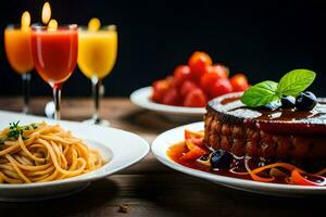 ein Teller von Spaghetti und ein Kuchen mit Orange Saft. KI-generiert foto