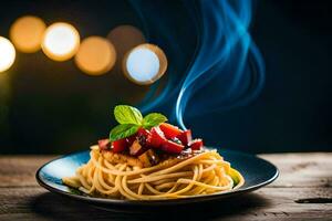 Spaghetti mit Tomate Soße und Basilikum Blätter auf ein Platte. KI-generiert foto